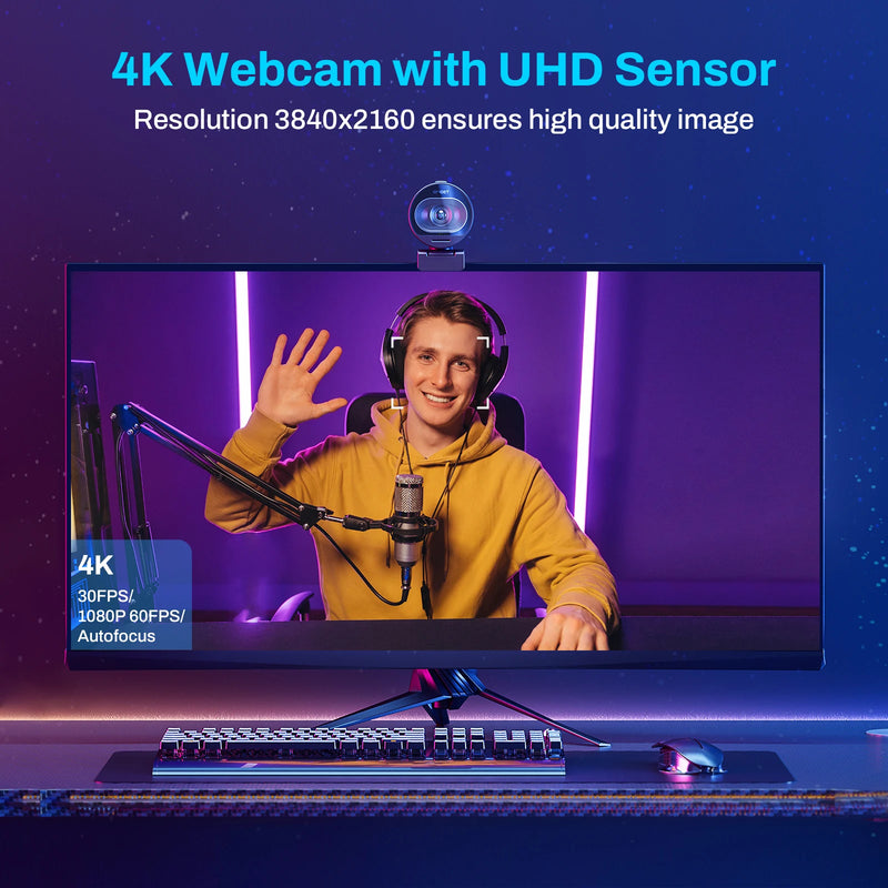 Webcam 4K, TOF-Câmera de Foco Automático com Microfone para Chamadas de Vídeo, HD, USB, 1080P, 60FPS, TOF, Zoom, Equipes Skype, S600