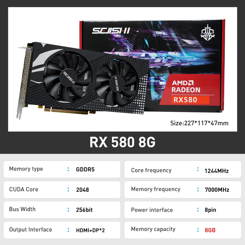 SJS RX 580 8G 256Bit 2048SP GDDR5 AMD GPU Graphics Cards RX580 White Video Card Radeon 8GB Mining Gaming Card placa de video