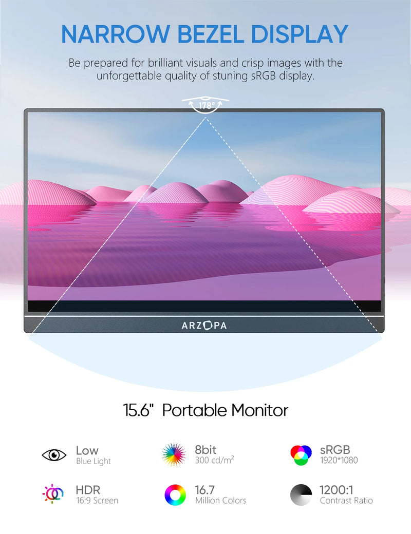 NOVO ARZOPA 15.6 inch Monitor Portátil FHD 1080P IPS USB-C Mini-HDMI Segunda Tela Externa para Mac Laptop PC Switch Xbox PS4/5 Xbox com suporte
