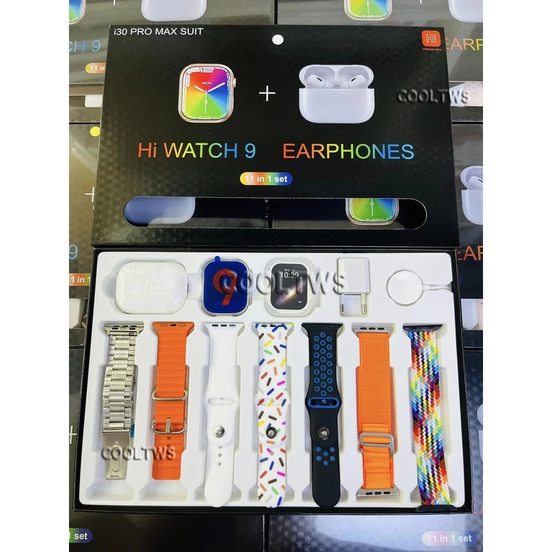 2023 Novo ARRIVAL i30 pro max SUIT Smartwatch Relógio Inteligente Com Earbuds BOX 11 Em 1 Conjunto Adaptador Carregador Sem Fio Smartband 9 Smart Bracelets Fitness